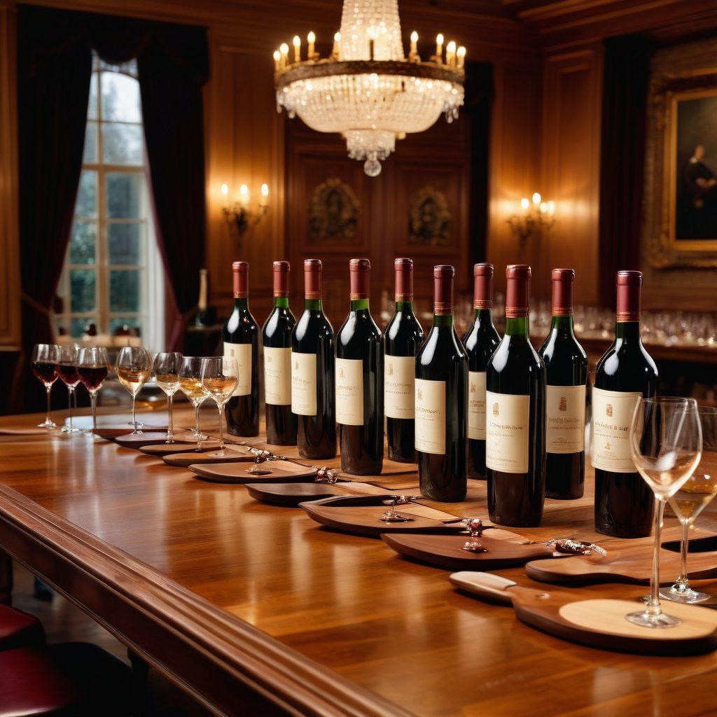 A luxurious wine auction scene, showcasing elegantly displayed bottles of fine wine on polished wooden tables, with enthusiastic bidders in formal attire raising their paddles. The background hints at a sophisticated ambiance with soft lighting, chandeliers, and rich textures, creating an atmosphere of anticipation and excitement. Super-realistic. Warm, rich colors.