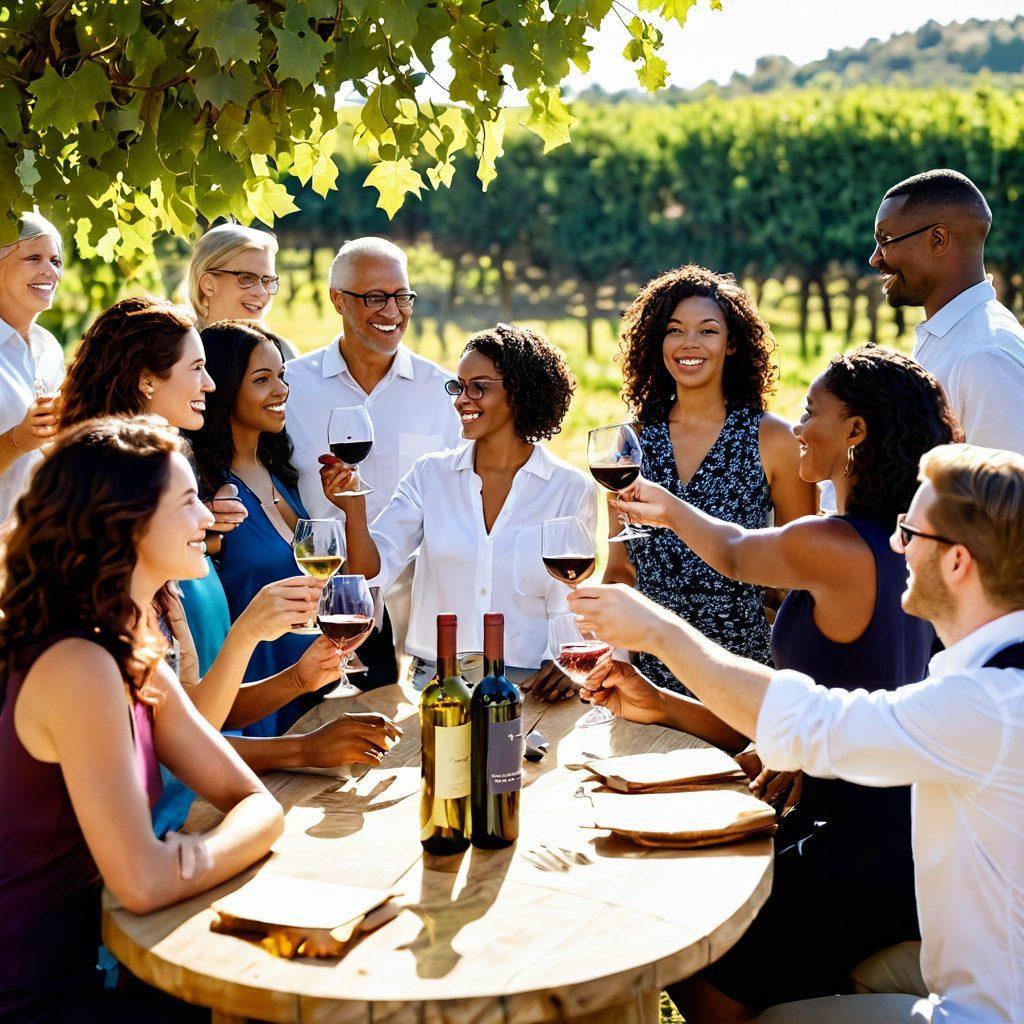 A lively gathering of diverse wine enthusiasts enjoying a wine tasting event in a sunlit vineyard, with glasses raised in camaraderie. The background features lush grapevines and an elegant wine barrel displaying different bottle labels. Include a mix of joy, laughter, and conversation among the attendees, showcasing interaction and friendship. Warm, inviting colors with a soft focus to evoke a sense of community. super-realistic. vibrant colors. natural setting.