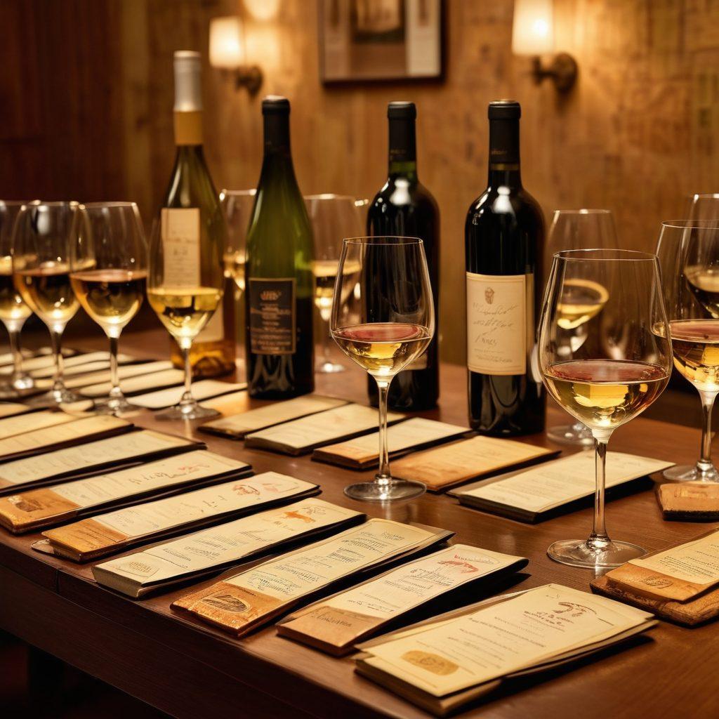 An elegant table set with assorted rare wine bottles reflecting the golden hues of vintage labels, surrounded by glimmering auction paddles and tasting notes. Soft ambient light illuminates the scene, highlighting the textures of the wine and corks. In the background, a luxurious auction room with attendees admiring the wines creates a sense of exclusivity. Artistic wine glasses catch glimmers of light, symbolizing sophistication. super-realistic. warm tones. soft focus.